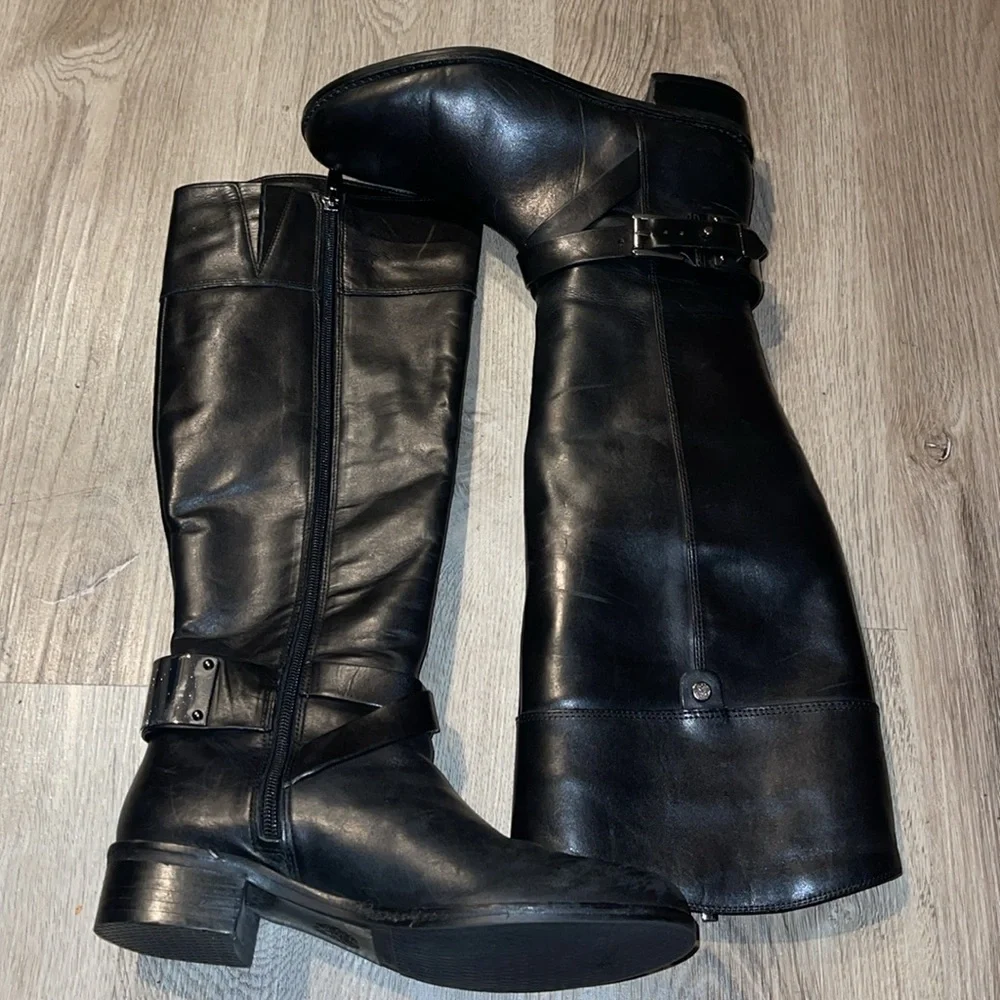 Vince Camuto Pazell Black Leather Riding Boots Buckle Accent Size 6